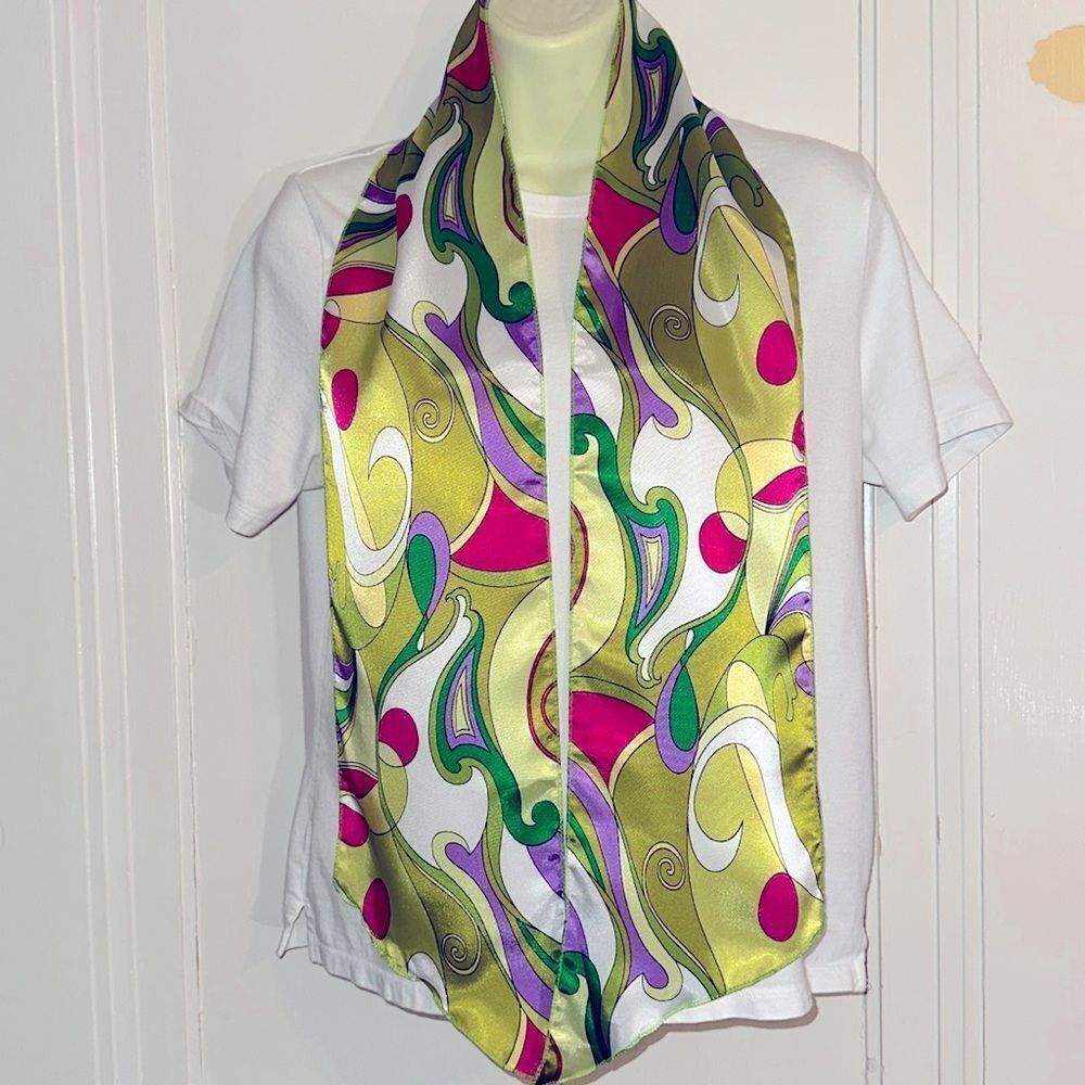 Vintage retro look green, purple, pink & white swirl print long‎ polyester scarf